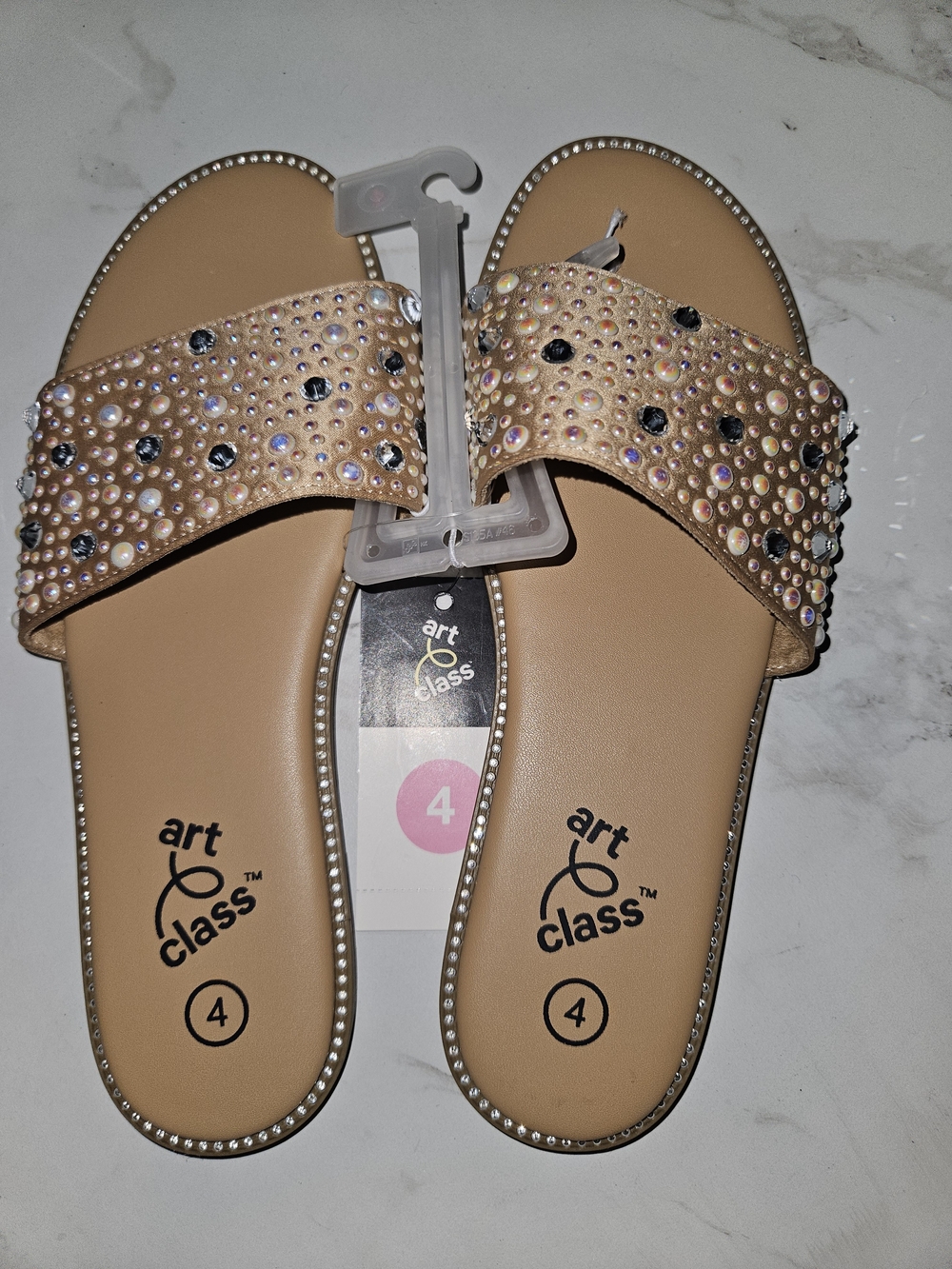 art class Rhinestone Embellished Tan Slide Sandals - Tan